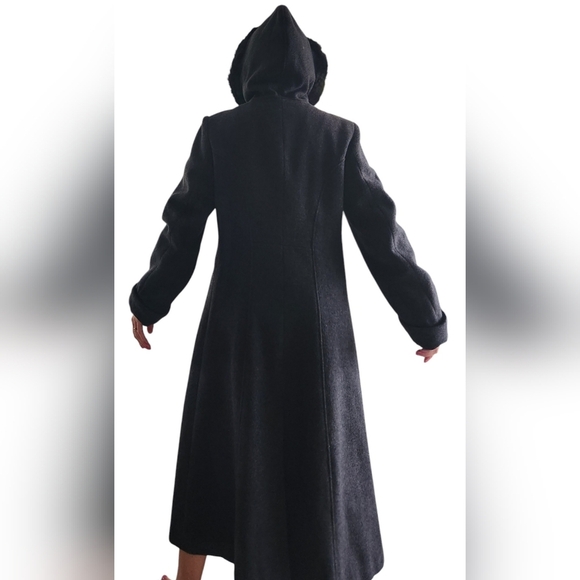 Worthington Long Wool Womens Trench Coat 10 P Rabbit Fur Trim Hooded Gray Vtg - Picture 5 of 15
